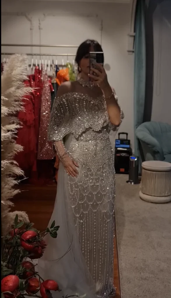 FATAPAESE Customized Speicial Dress Tassels-Beadedings Glitter Crystals Gems Cape-neckline Detachable Cloak Sheath Sequins Skirt image 2