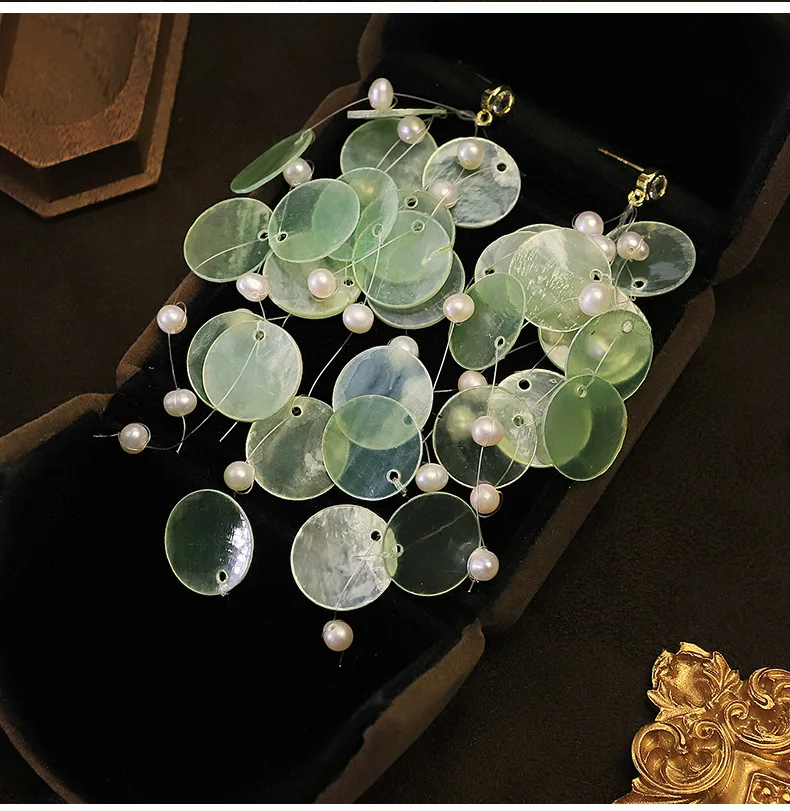 Women Fish Line Green Shell Earrings Inlaid Pearl Transparent Thread Elegant Temperament Ear Ornaments Fashion Jewelry Gifts