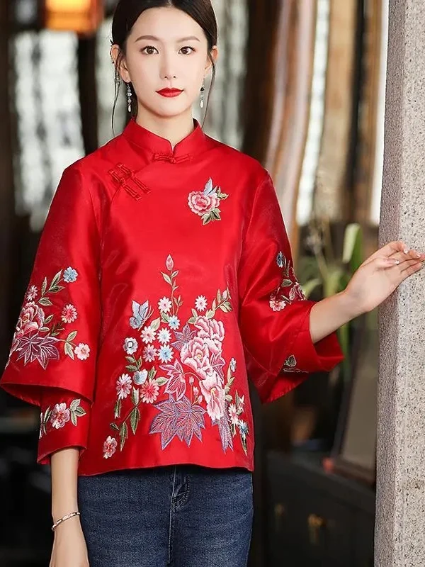 

Красная китайская блузка с вышивкой и пуговицами, высококачественный обновленный топ-ципао, традиционная модная одежда для верхней части тела