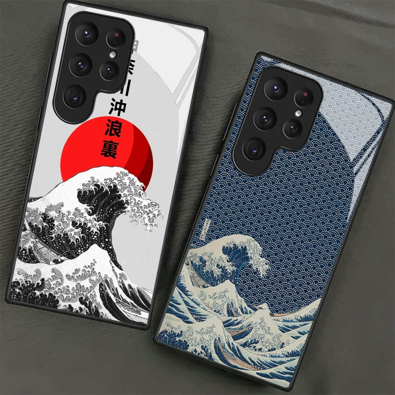 Japanese Wave Kanagawa Surfing Tempered Glass Phone Case for Samsung Galaxy S24 S25 S26 Ultra Edge S23 FE S22 Plus S21 + S20 Sho