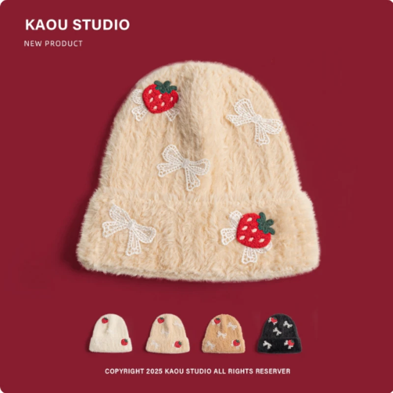 

Cute Strawberry Lace Bow Embellished Plush Knit Hat Winter Outdoor Warm Ear Protection Thickened Skull Beanie Caps for Women's