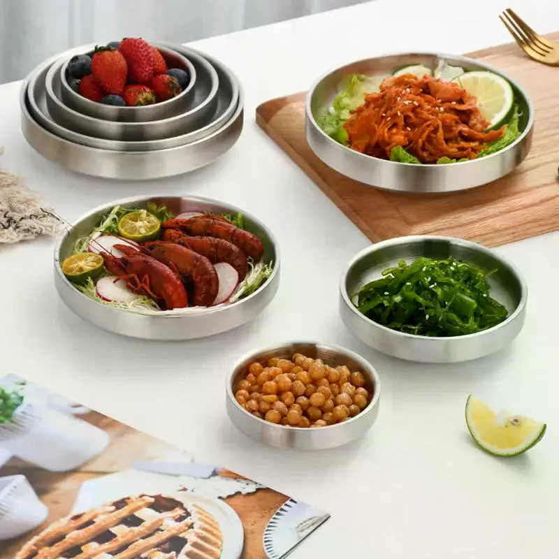 Flat 201/304 Stainless Steel Dish Plate Cooking Noodles Bowl Thickened Dinner Plate Seasoning For Kitchen Restaurant Tableware