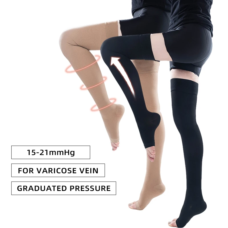 15-21mmHg Thigh High Elastic Socks A Pair of Medical Level 1 Elastic Non-Slip Open Toe Lymphedema Varicose Veins Men and Women