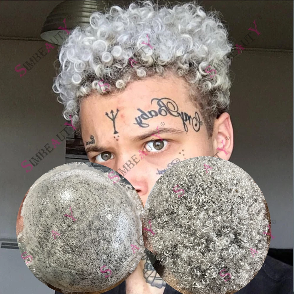 

Мужской парик 8 мм, афро-стиль, 1B80, бело-серый, суперпрочный, полностью из ПУ, черный, кудрявый, афроамериканский, из натуральных человеческих волос