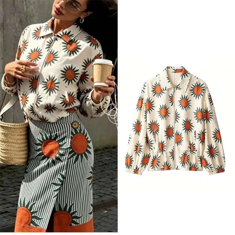 Guobioziy Women's Jacket 2026 Early Autumn New Fashion Turn-Down Collar Printed Hem Elastic Waist Flight Jacket