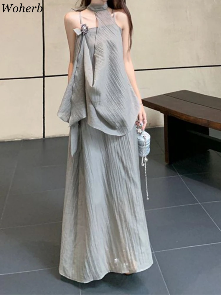 

2025 Ropa Mujer Fashion Two Piece Sets Women Vintage Elegant Slip Dress + 3D Flower Halter Irregular Vest Chic Pleated Outfits