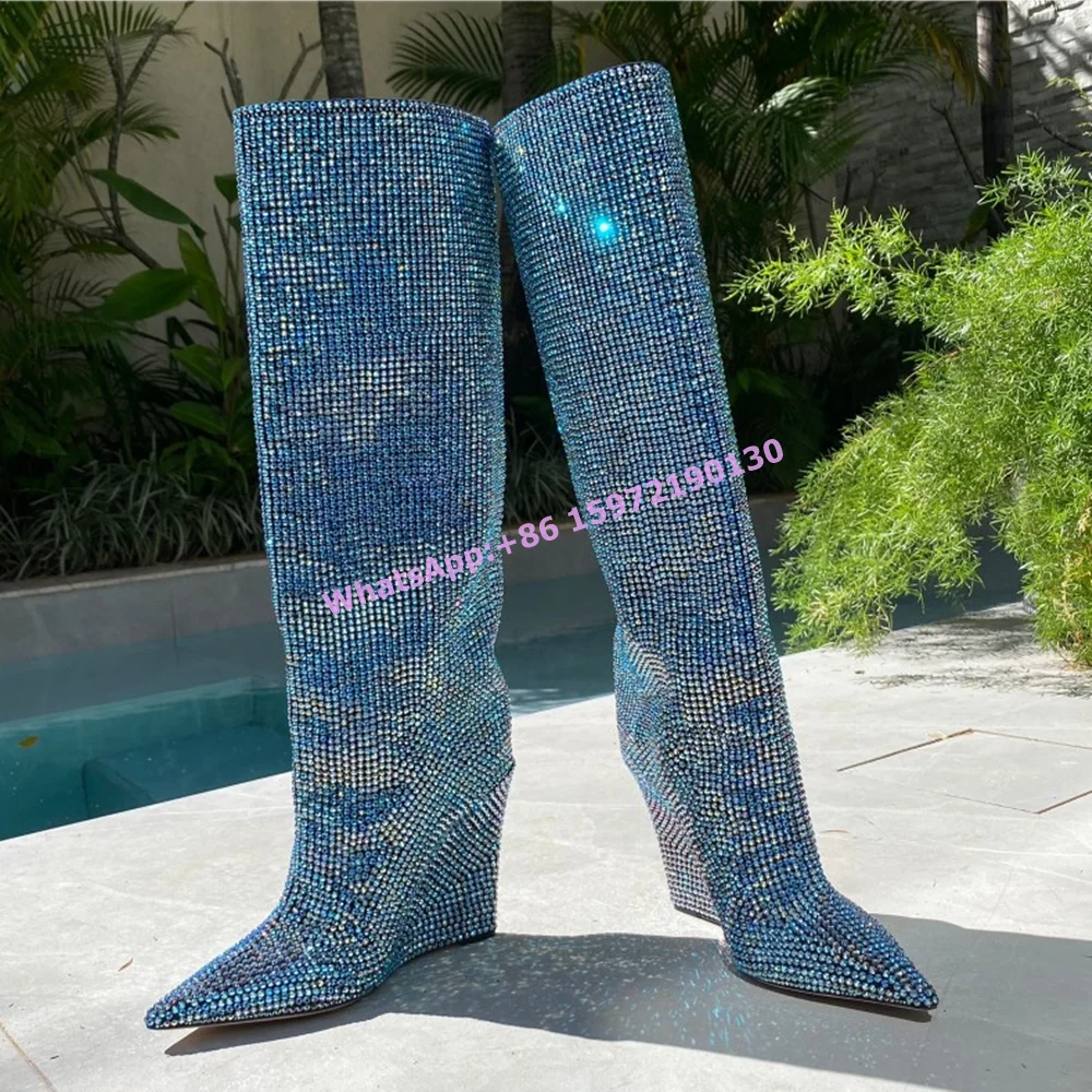 

Rhinestone Wedges Long Boots Pointy Toe Shiny Crystal Luxury Knee High Boots Solid Women's Winter Runway Shoes 2024 Fashion