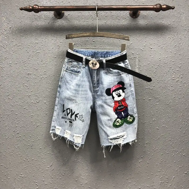 

Disney Mickey Print Ripped Five Quarter Jeans Summer High Waisted Versatile Straight Leg Pants Women's Fashionable Cartoon Jeans