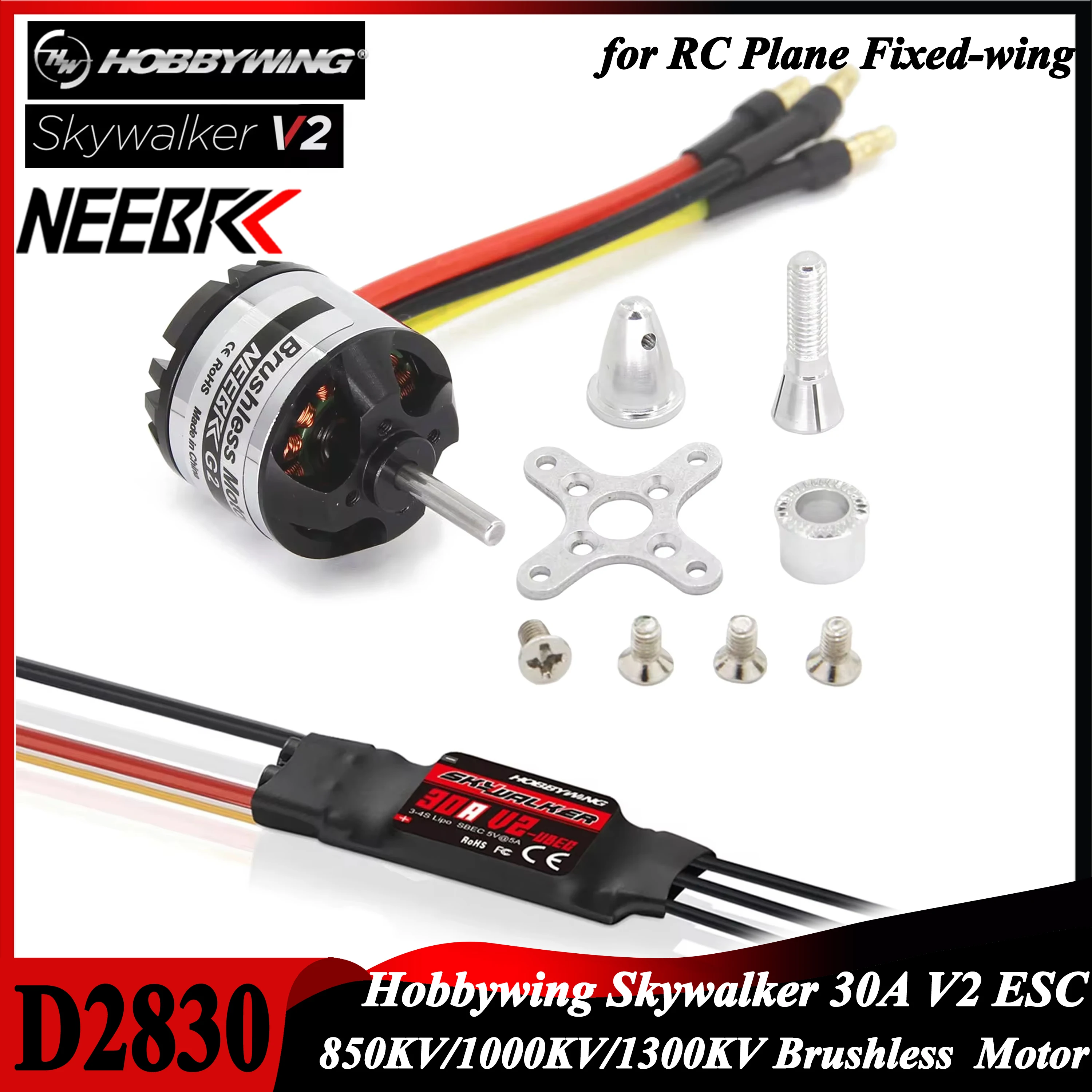 

NEEBRC D2830 850KV 1000KV 1300KV G2 Brushless Motor with Hobbywing Skywalker 30A V2 ESC for RC Fixed-wing FPV Racing Drone Plane