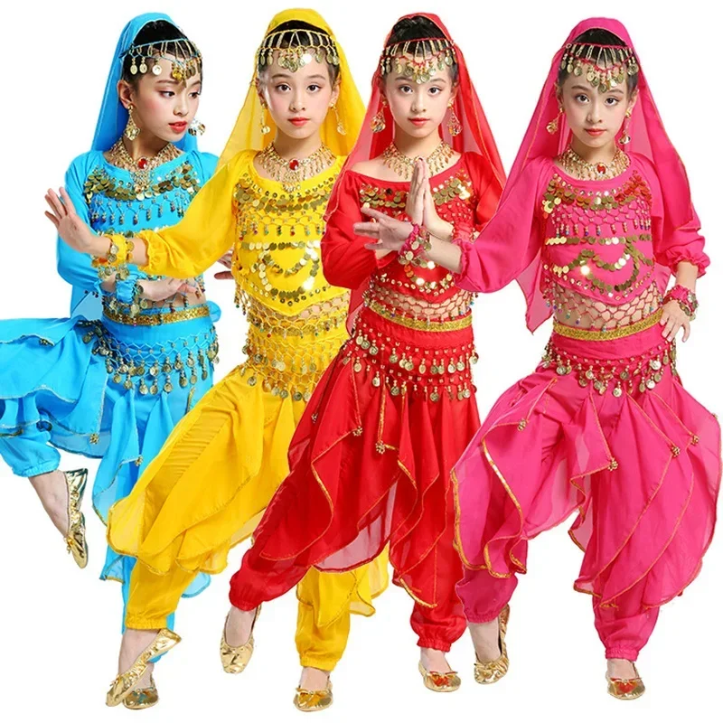 Abbigliamento da ballo Set di costumi di danza del ventre per bambini Vestito di fiori indiani per ragazze 6 pezzi (copricapo di velo con gonna e cintura superiore)