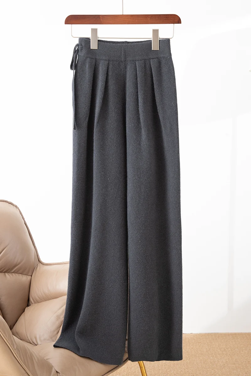 Women 100% Merino Wool Autumn Winter Pleated Knit Wide Leg Pants, Side Tie Elastic High Waist, Solid Color Good Stretch Pants