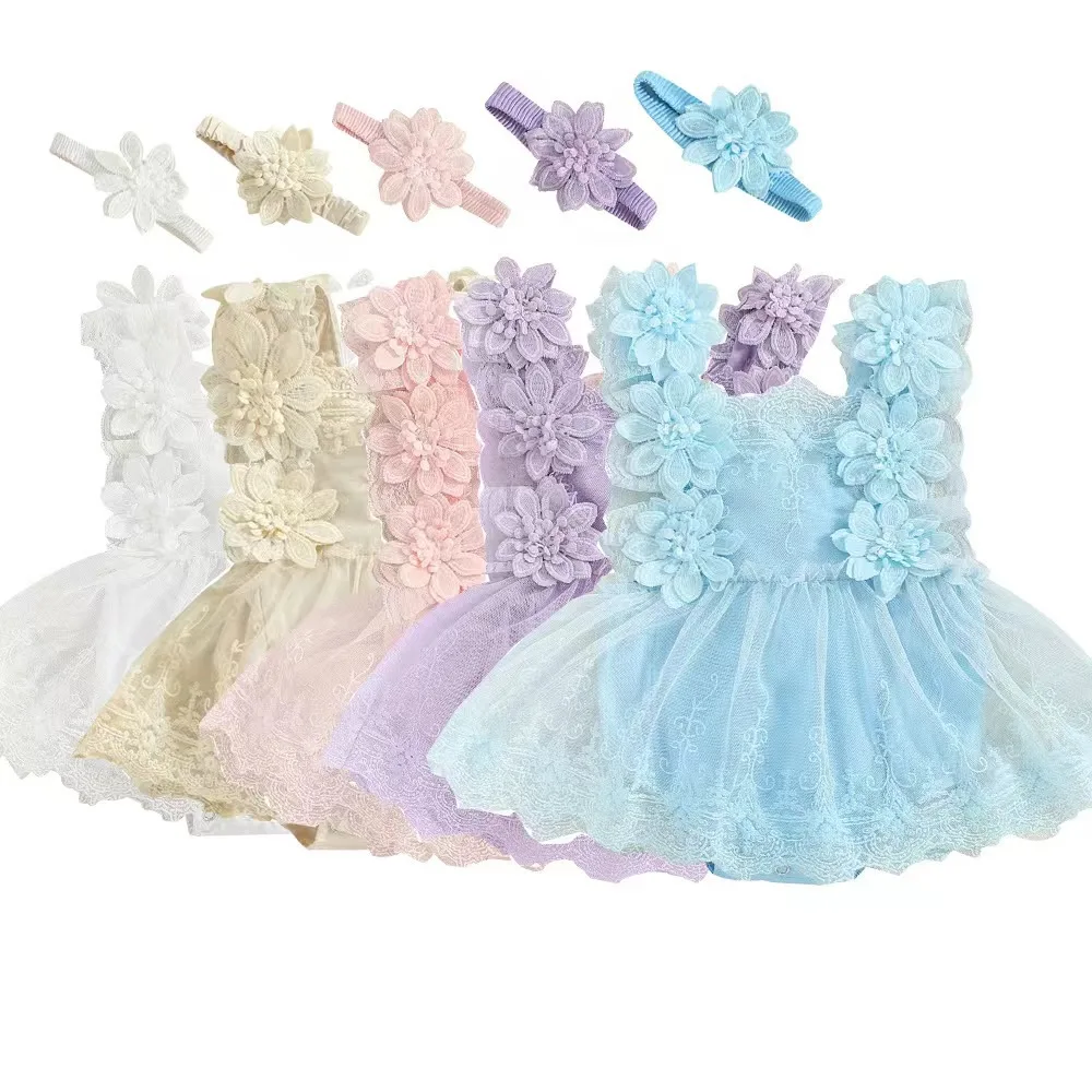 Baby Girl Romper Newborn Infant Toddler Jumpsuit Headband Princess Tulle Floral Embroidery Birthday Outfits