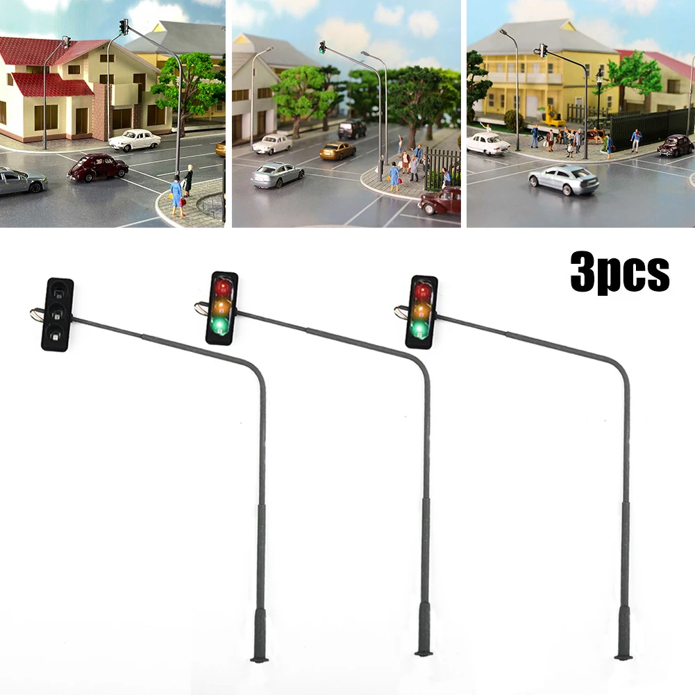 3Pcs Model LED Gauge H0 Traffic Light With Pedestrian Lights And LEDs Vehicle 1:87 Right 9.5cm For Railway And Building Layout