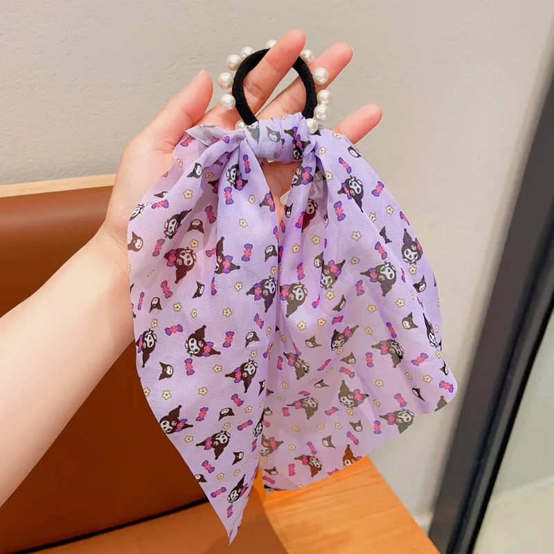 Cute Kids Hair Band Kuromi Headband Cinnamoroll Floral Silk Scarf Pearl High Elastic Ponytail Rubber Band Braided Hair Accessory