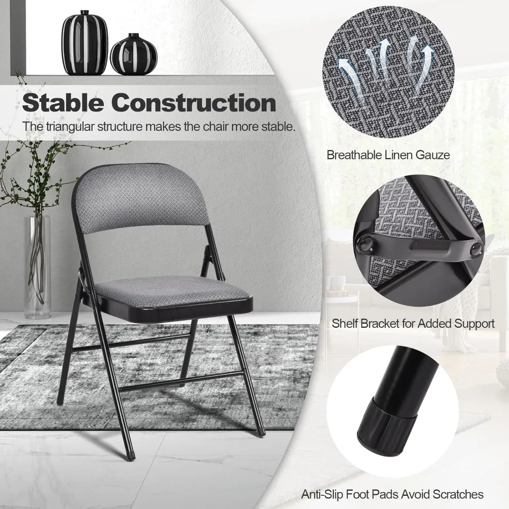 Paquet de 4 chaises de salle à manger en tissu avec structure en métal, sièges rembourrés, coussinets antidérapants, pliables pour un rangement facile