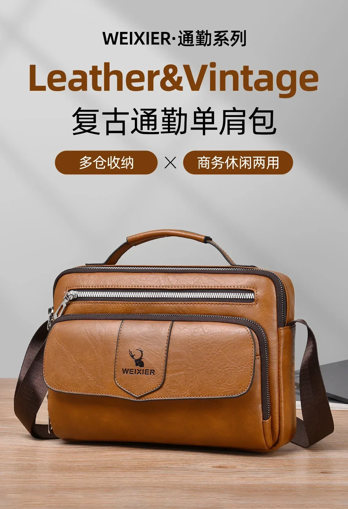 WEIXIER Marken-Herren-Umhängetasche aus PU-Leder mit Großer Kapazität und Mehreren Taschen, Hand- und Schultertasche für Geschäftsreisen und Outdoor-Aktivitäten – Detail 1