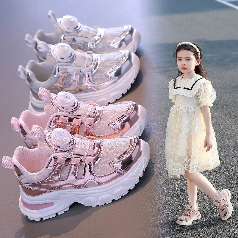 Kids Girls\' Shoes Summer Tenis Children Girl Sneakers Breathable Mesh Lightweiht Sole Pink Silver