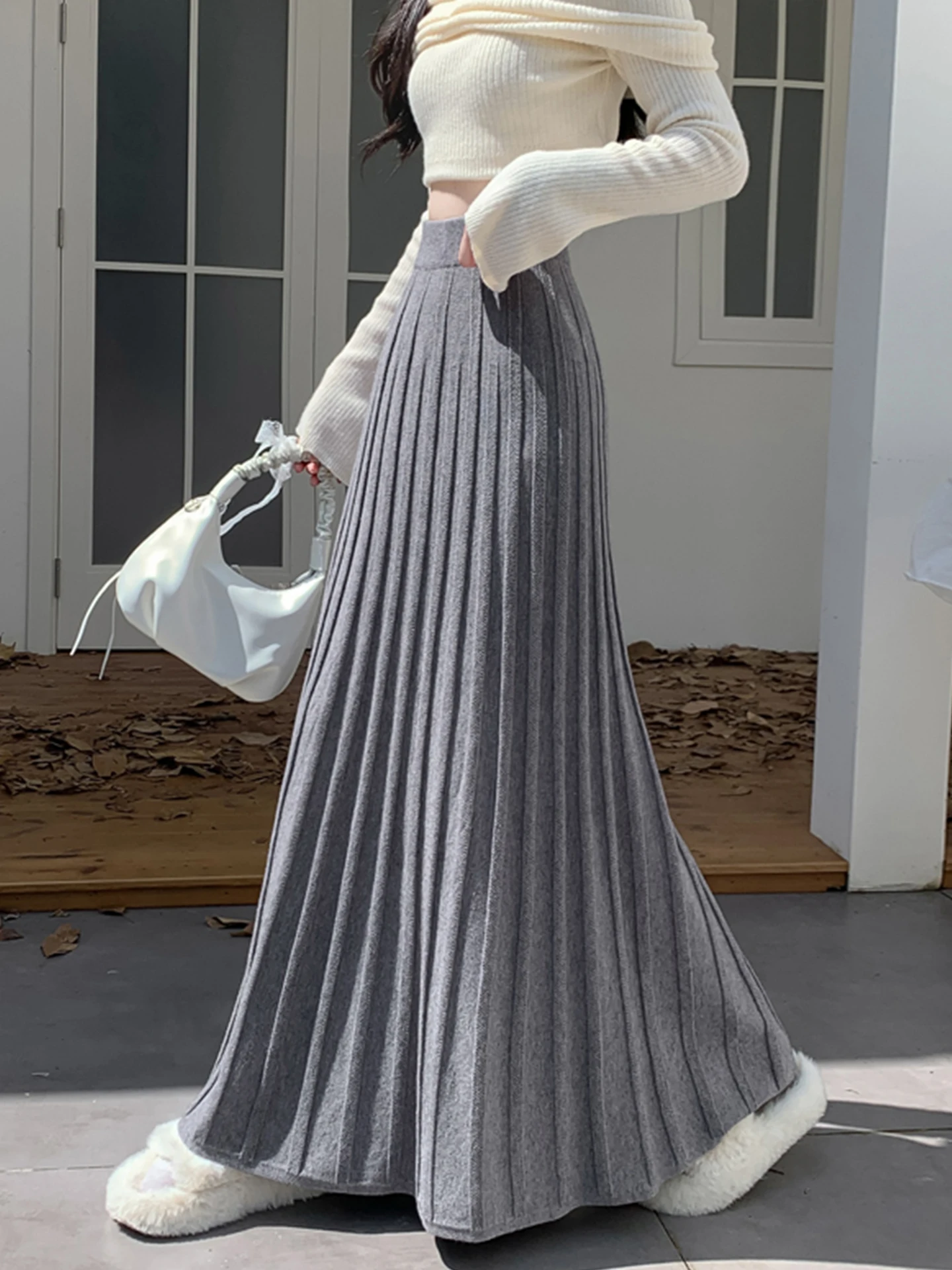 

Emily Clud Recommended Knitted Pleated High Waist Long Skirt Women's Autumn Winter A-Line Midi Skirt Dra Sense