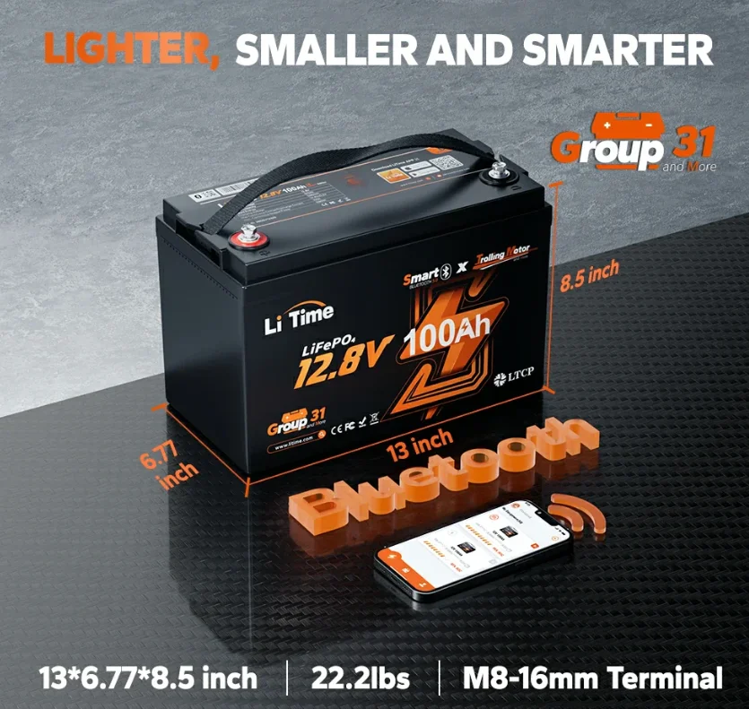 Picture 4: LiTime 100AH Group 31 TM 12V Bluetooth 100A 4000 Cycles 100% DOD BMS Marine Trolling Motor Lithium Ion Battery Pack 100% DOD BMS