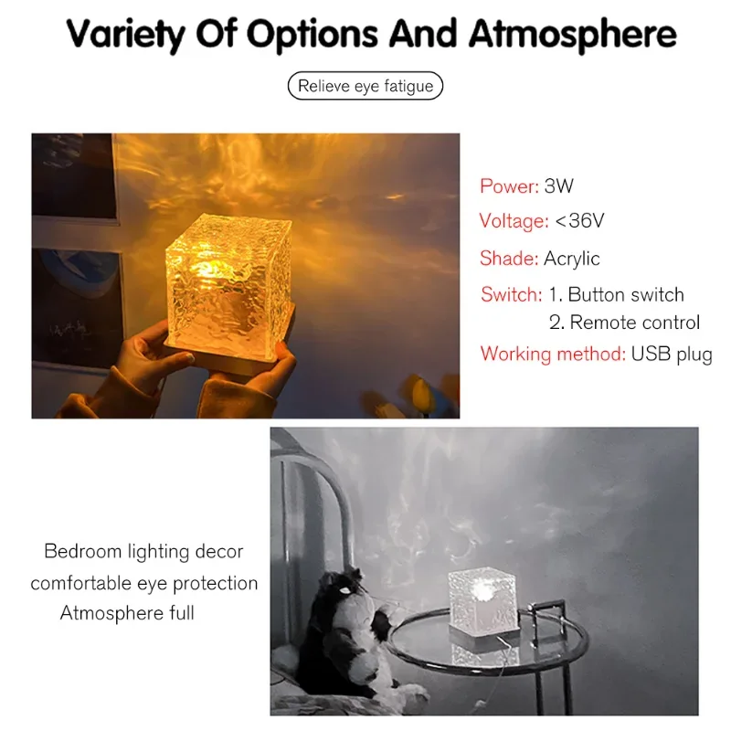 RGB Atmosphere Night Light Rotating Water Pattern Crystal Table Lamp 16 Colors LED Dynamic Projection Lights For Bedroom Decor