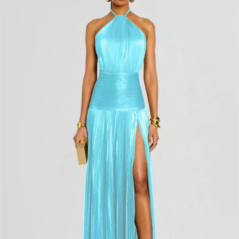 Frühling Herbst Elegante Cocktail Abendkleid Sexy Ärmelloses Gefaltetes Dünnes Hohes Schlitz Langen Rock Retro Einfarbig Party Vestido