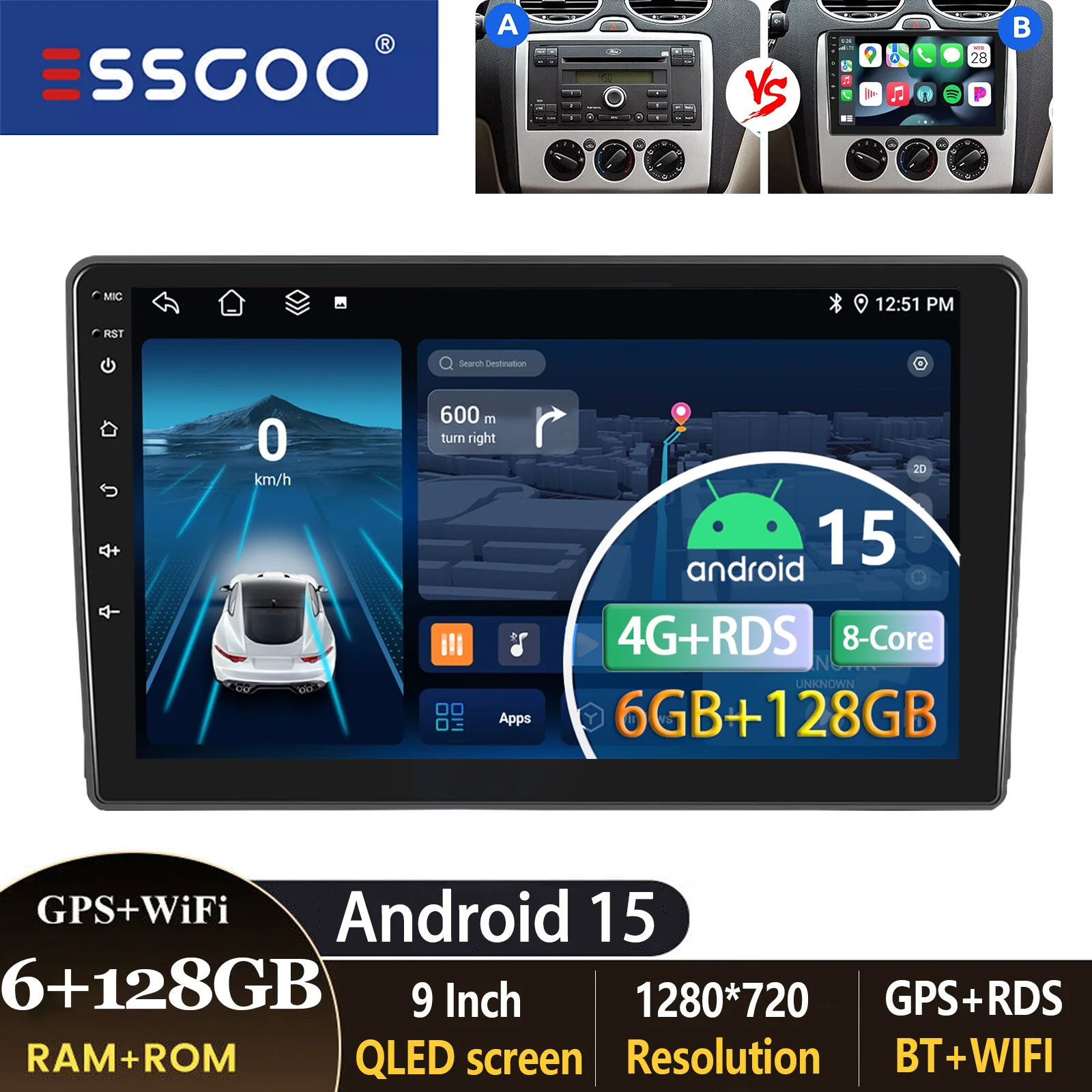 ESSGOO 9 inch autoradio voor Ford Focus MK2 Transit MK7 C-Max S-Max Kuga Galaxy Connect met Carplay, Android Auto, GPS, BT, FM, RDS en SWC