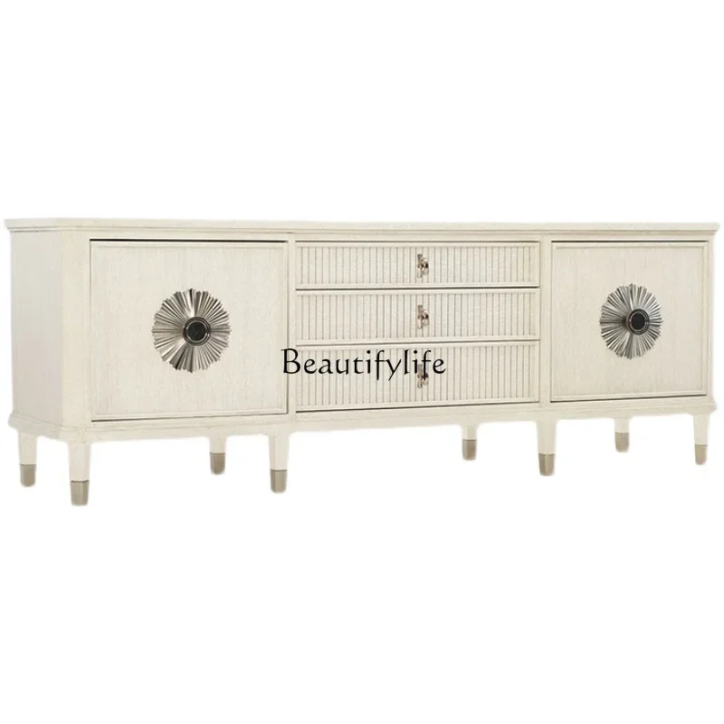 

French Style Retro Affordable Luxury White as Old Solid Wood Carved TV Cabinet American Country Simple