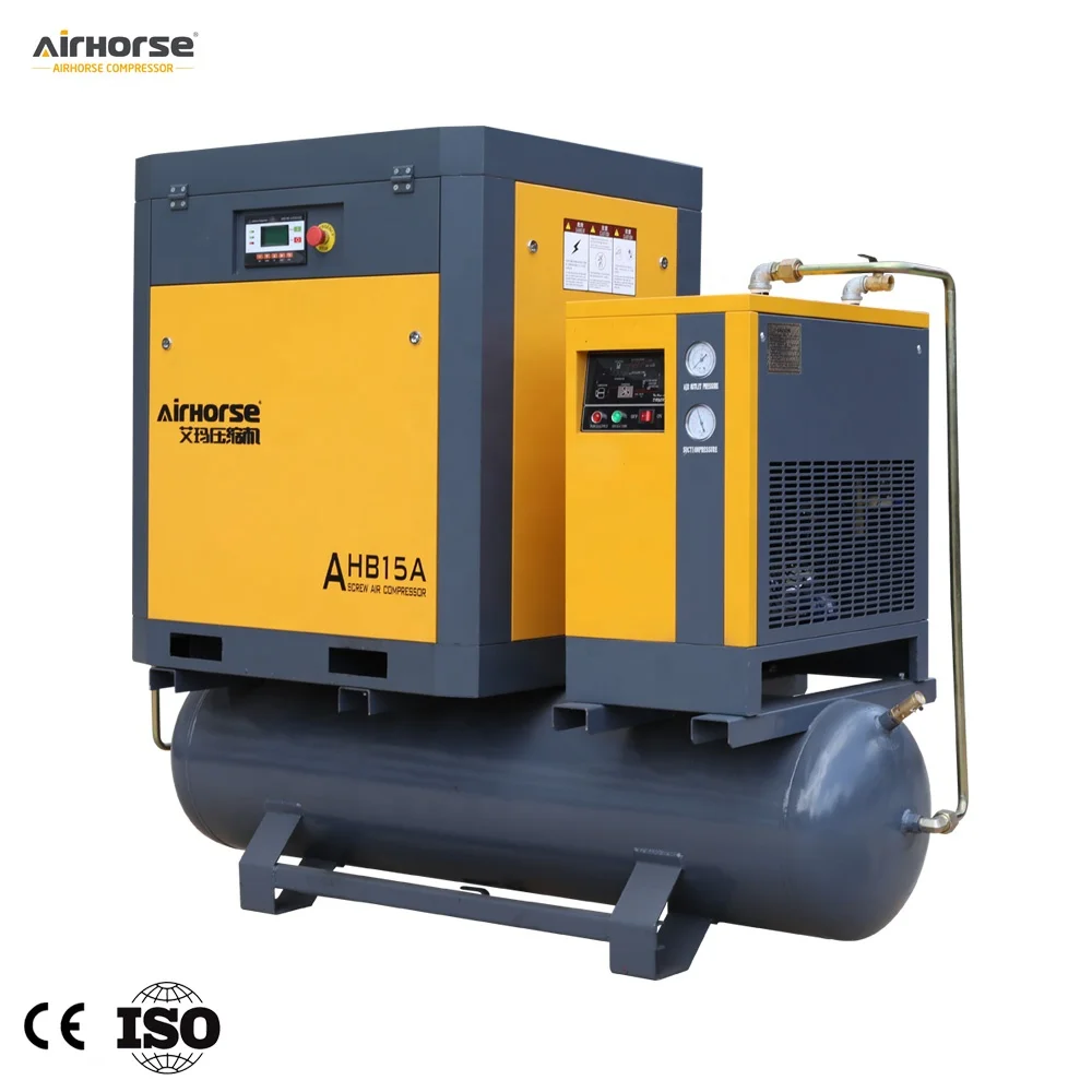 AirHorse Easy to Install Small 5.5 Kw 7.5 HP 3 in 1 Tank Mounted Screw Air Compressor 200 Liters Tank Screw Air Compressor