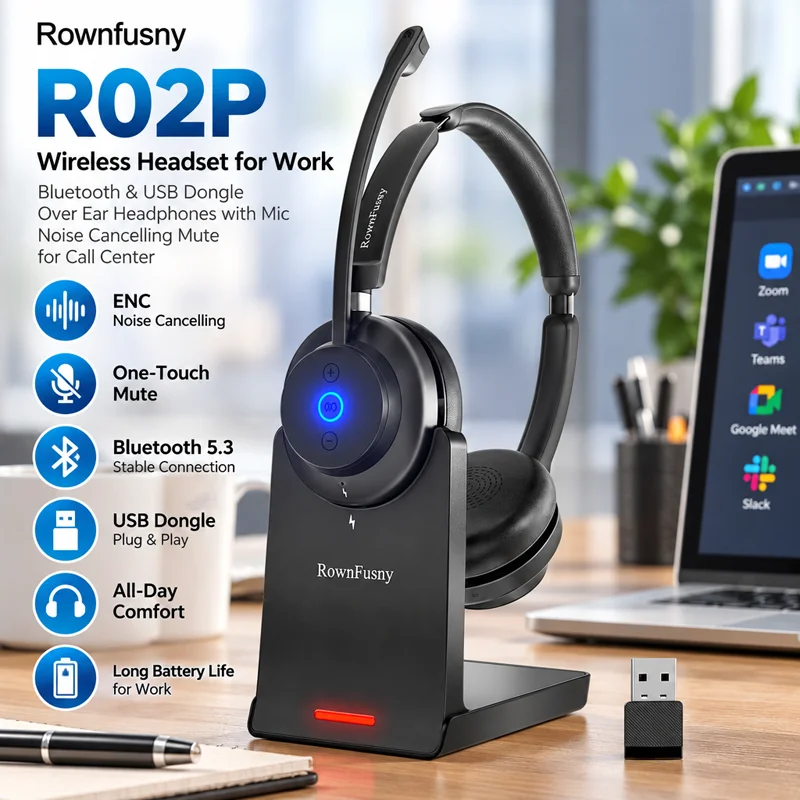 Rownfusny Wireless Headset Bluetooth 5.3 USB Dongle Over Ear Noise Cancelling HD Mic Mute for Work Call Center Pro PC Headphones