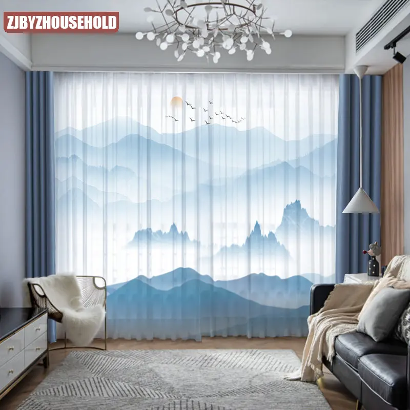 

New Chinese Ink Landscape Curtains for Living Room Bedroom Study Upscale Yarn Tulle Screen Light Luxury Floor-to-ceiling Windows
