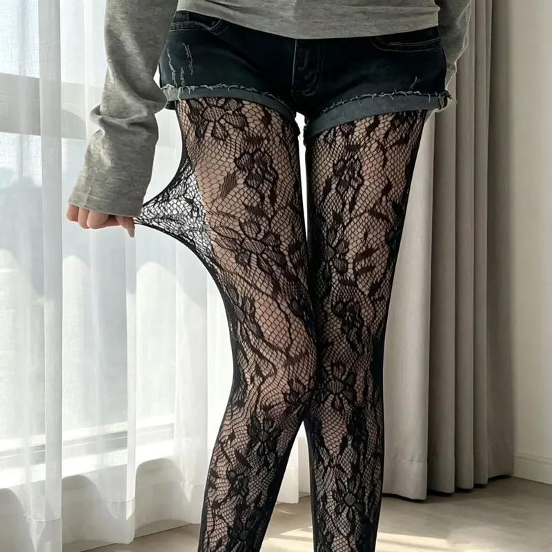 Women Floral Lace Pantyhose Hollow Out Fishnet Tights High Stretch Mesh See‑Through Leggings Stockings
