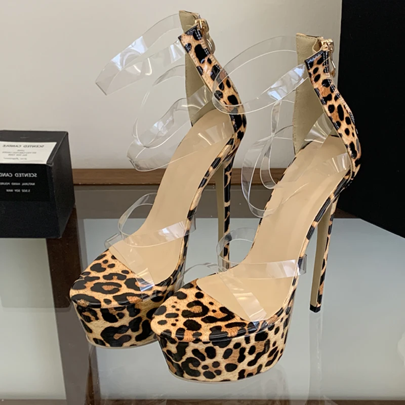 Eilyken Summer PVC Transparent Thin High Heels Nightclub Striptease Women Sandals Street Style Design Leopard Print Zipper Shoes