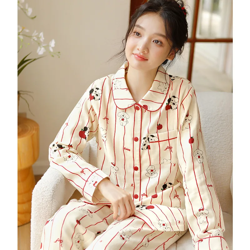 Cartoon Sweet Women's Sleepwear Spring Autumn Cotton 2Pcs Pajamas Set Long Sleeved Casual Night Wear Loose Homewear Loungewear