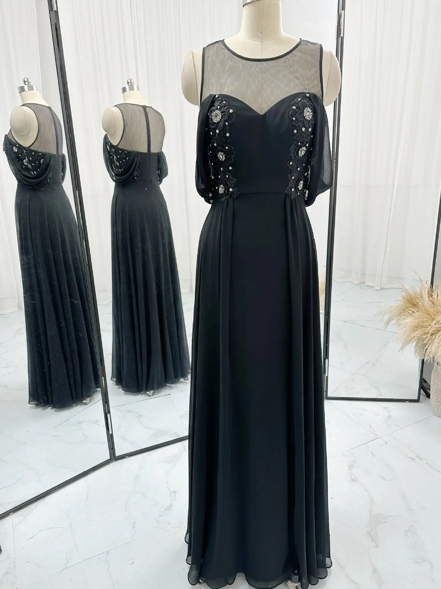 Black Fashion Minimalist Sleeveless High -Level Sensor Chiffon Slim Show Shows Host Banquet Evening Dress M1753