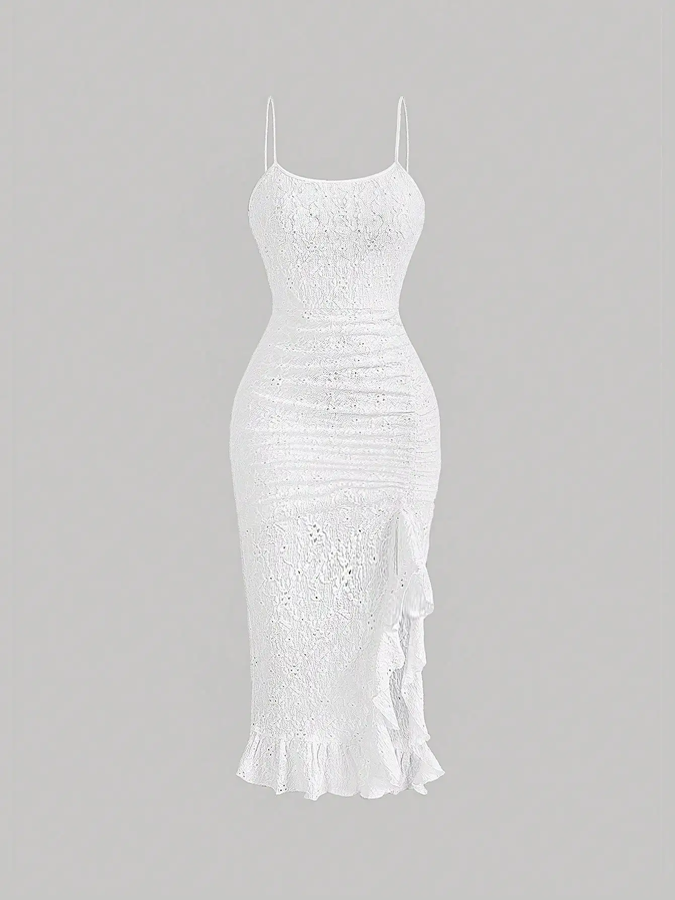 

White Ruched Lace Cami Dress with Ruffle Hem and Side Slit