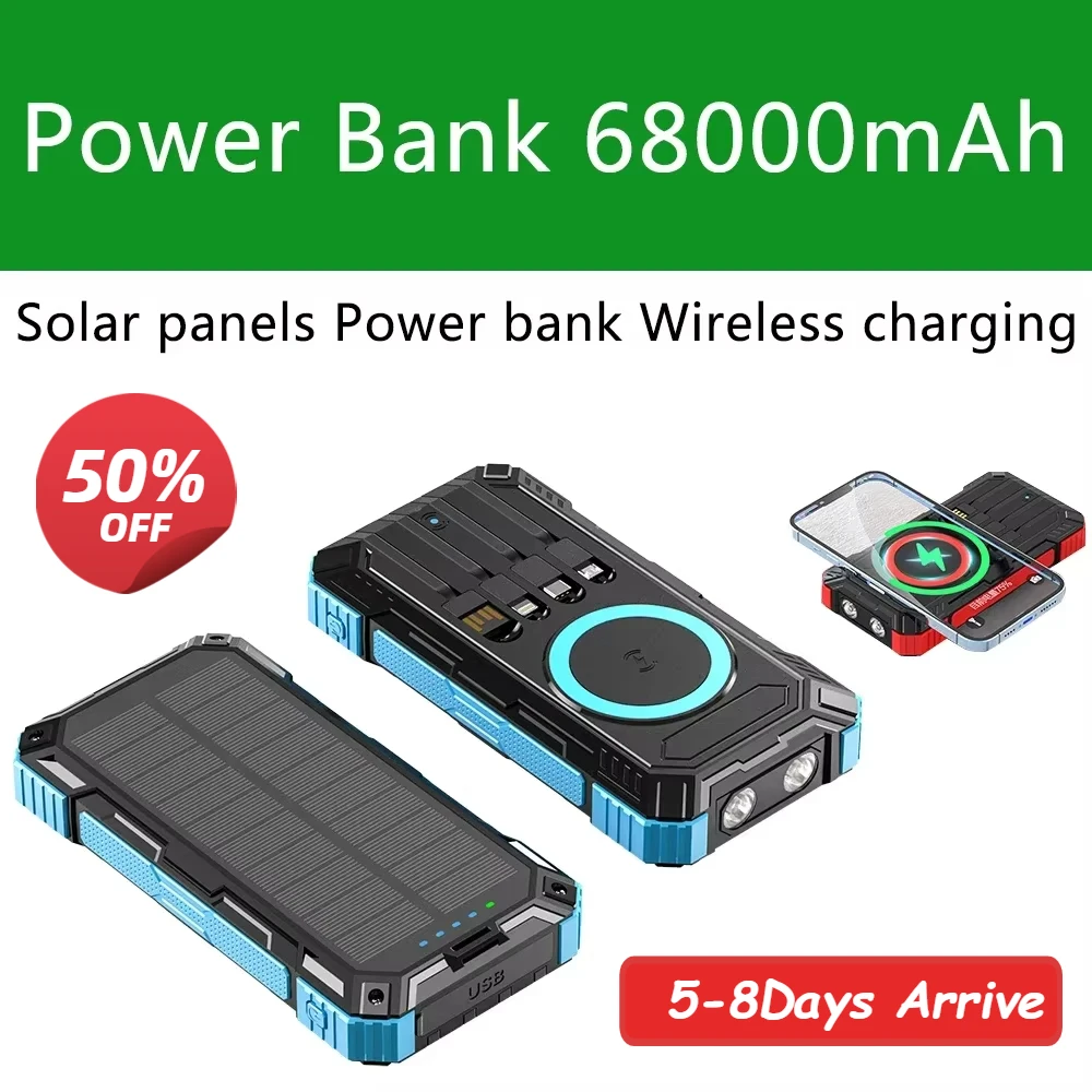 68000mAh Solar Panels Power bank Wireless Charging Solar Phone Charger with Outdoor Lighting Phone Charger 15W Wireless Charging
