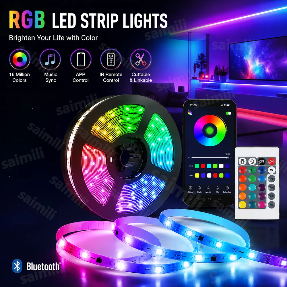 USB RGB LED Strip APP Control Music Sync Tape Self Adhesive Flexible Lamp For TV Backlight Gaming Room Holiday Party Decoration