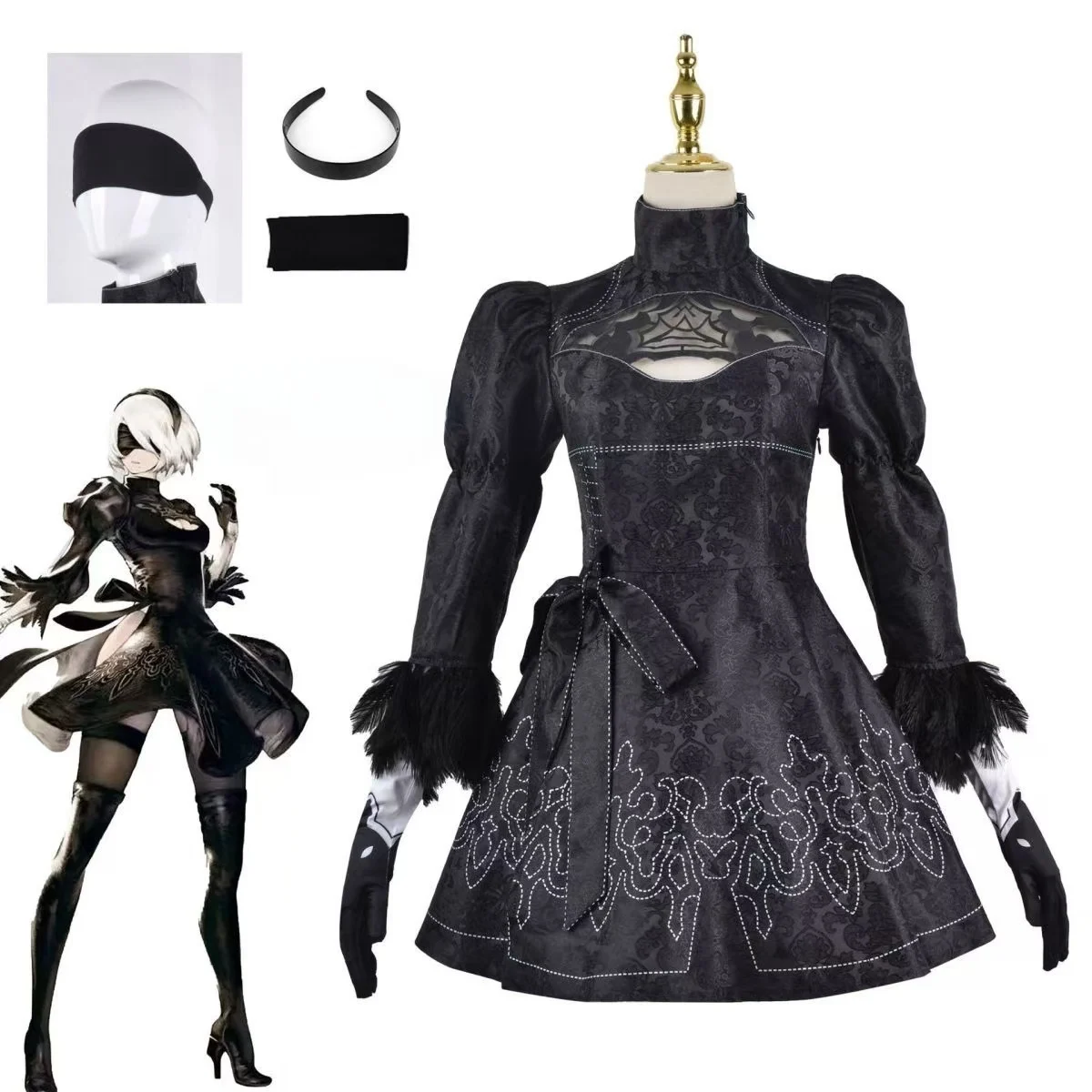 

YoRHa No. 2 Type B Cosplay Costume Black Gothic Dress Full Set With Blindfold Accessories For Women Comic Con Halloween Outfits