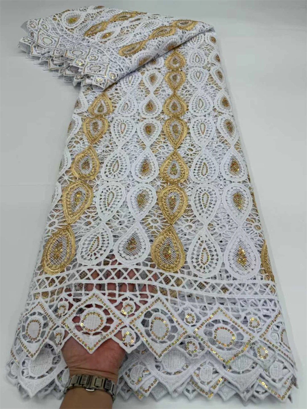

Gold White African Guipure Cord Lace Fabric 2025 High Quality 5 Yards Nigerian Water Soluble Lace Fabric For Women Wedding Party