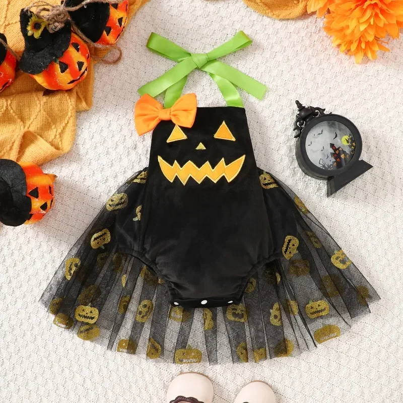 Newborn Baby Girls Halloween Pumpkin Tutu Romper Black Sleeveless Dress Orange Bow Tulle Skirt Ropa De Bebe