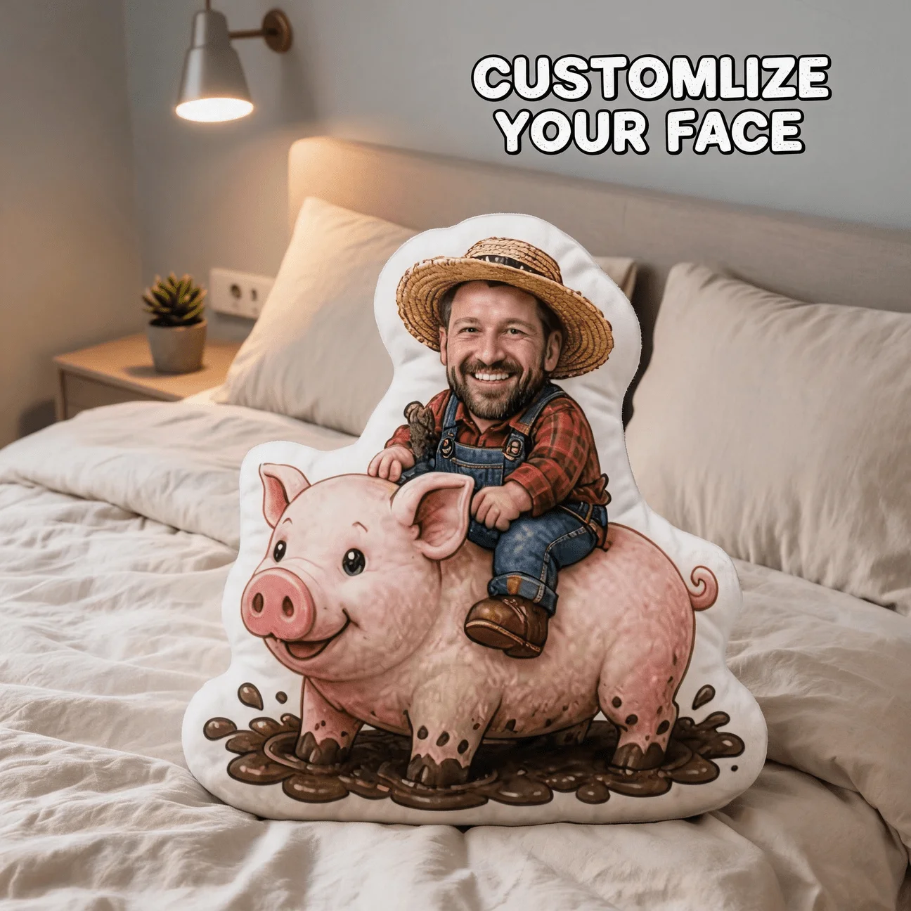 Custom Photo Shaped Pillow, Funny Farmer Face On Pig Decorative Cushion, Personalized Picture Home Decor Accent for Sofa & Bedro