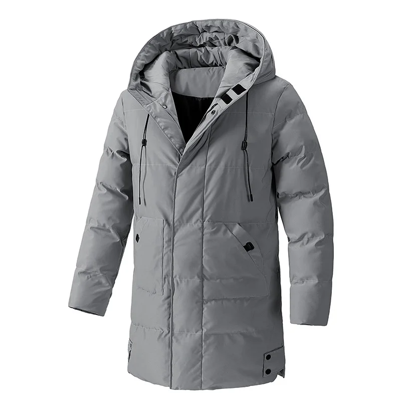 Men's Mid Length Hooded Puffer Coat Full Zip Drawstring Hood Warm Quilted Parka Windproof Multi Pockets Winter Casual Outerwear