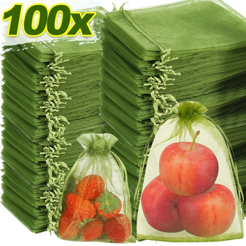 10-100 قطعة أكياس حماية الفاكهة الشبكية الخضراء مع إغلاق الرباط المزدوج قابلة لإعادة الاستخدام لأشجار الحديقة والخضروات والعنب كيس شاش