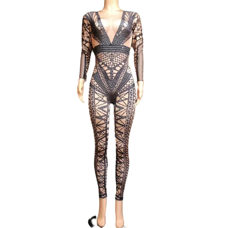 

Fashion Print Rhinestone Party Jumpsuit Women Long Sleeve Skin Color Stretch Spandex Crystal Bodysuit Club Prom Stage Rompers