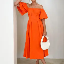 ICCLEK Elasticated Neckline Off Shoulder Maxi Dress In Orange Puff Sleeve Long Dress Robe Chic Élégante Summer Women Clothing