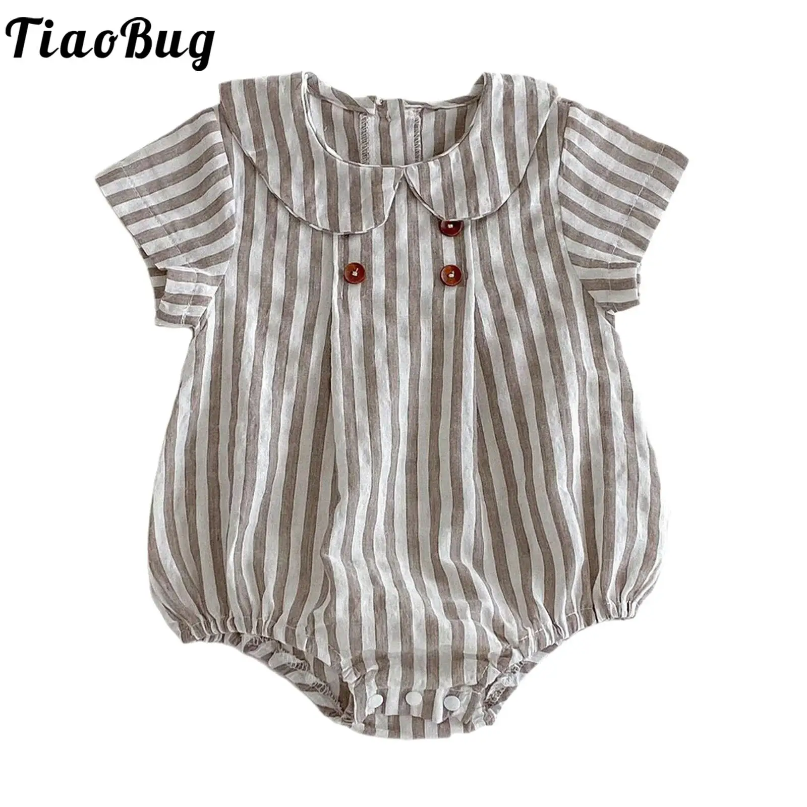 

Toddler Kids Cute Romper Doll Collar Short Sleeve Button Jumpsuit Baby Girls Loose Stripe Bodysuit Summer Onesie Clothes Outfit