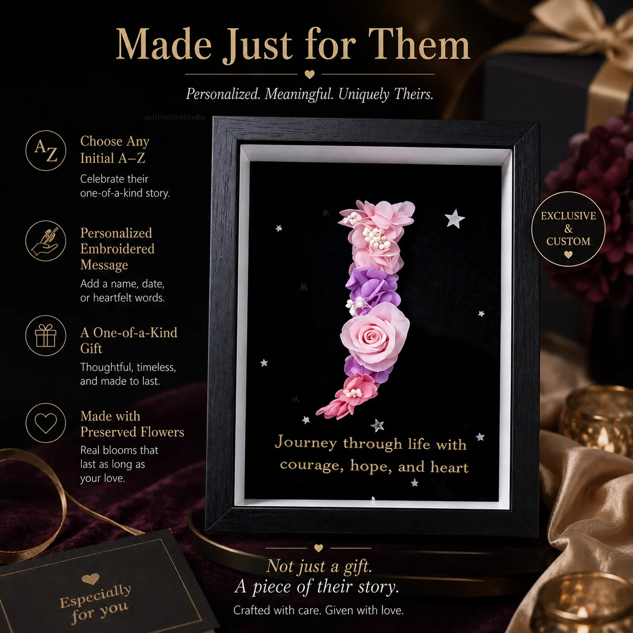 Personalized Preserved Floral  Picture Frame Custom A-Z Letter Embroidery Custom Text Gift For Women Lover Birthday Room Decor