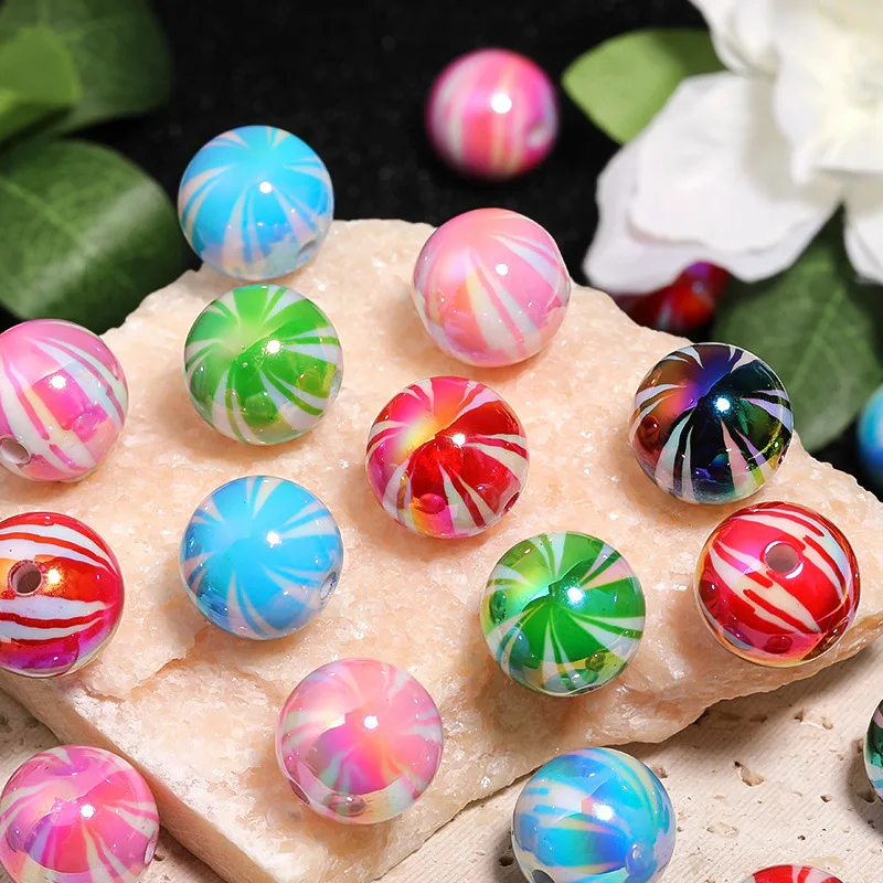 Newest AB Colors Stripes Style Round Acrylic Watermelon Gumball Beads Fit Bubblegum Necklace Earring Fashion Pen DIY 100pcs 16mm