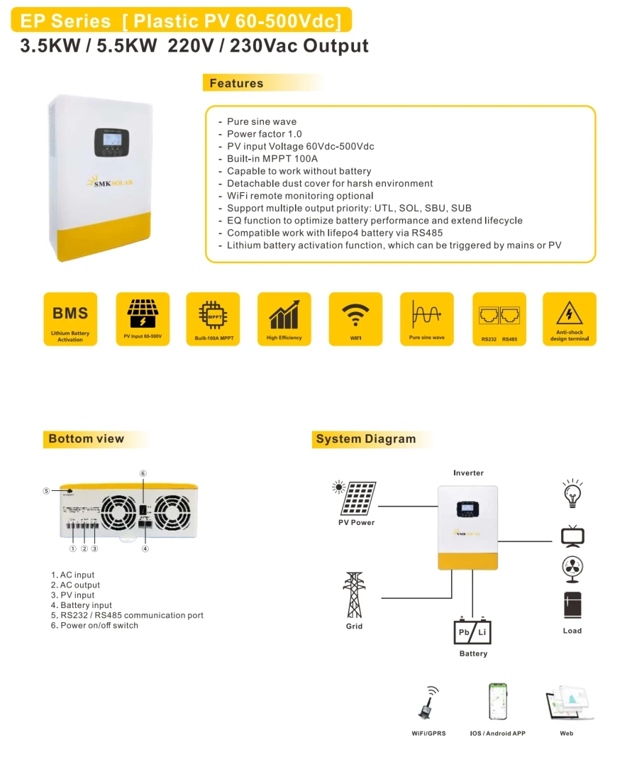 5KW 6KW 8KW 10KW 3Kw مرحلة واحدة/ثلاث مراحل عاكس الطاقة الشمسية السعر Ip65 3 المرحلة الذكية المزدوجة الناتج على الشبكة الهجين الشمسية العاكس