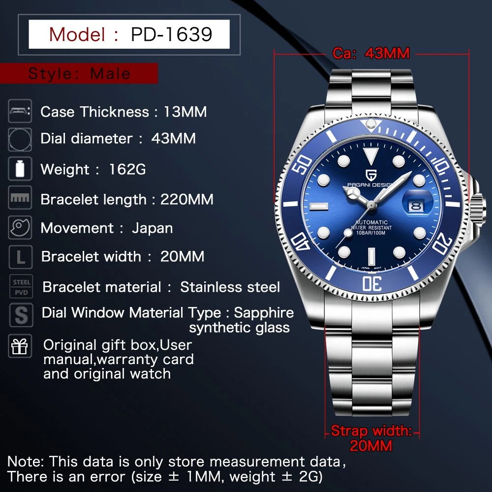 PAGANI DESIGN مقاوم للماء الميكانيكية ساعة أوتوماتيكية للرجال الفولاذ المقاوم للصدأ الياقوت الزجاج هدية الأعمال ساعة رجالي صندوق reloj #6